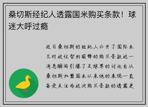 桑切斯经纪人透露国米购买条款！球迷大呼过瘾